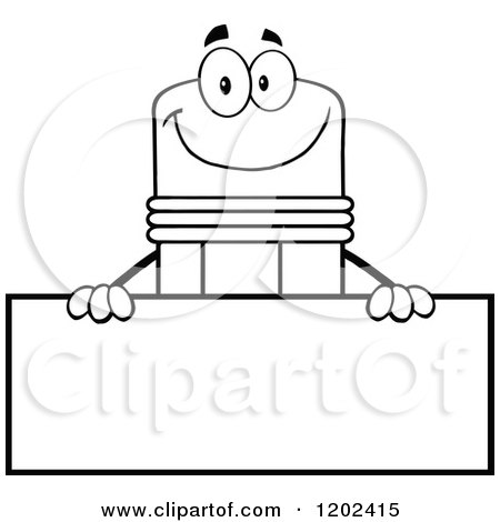 Cartoon of a Black and White Outlined Happy Pencil Mascot over a Sign Board - Royalty Free Vector Clipart by Hit Toon
