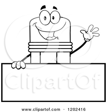 Cartoon of a Black and White Outlined Waving Pencil Mascot over a Sign - Royalty Free Vector Clipart by Hit Toon