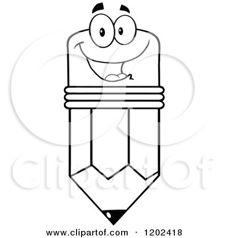 Cartoon of a Black and White Outlined Smiling Pencil Mascot - Royalty Free Vector Clipart by Hit Toon