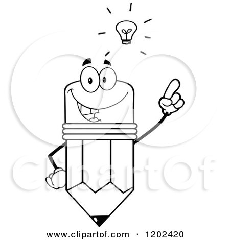 Cartoon of a Black and White Pencil Mascot Holding up a Finger Under an Idea Lightbulb - Royalty Free Vector Clipart by Hit Toon