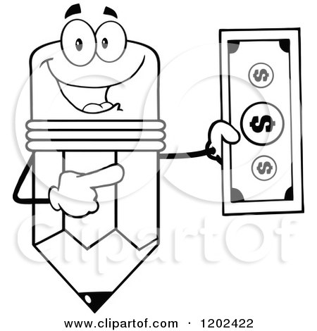 Cartoon of a Black and White Pencil Mascot Holding and Pointing to a Dollar Bill - Royalty Free Vector Clipart by Hit Toon
