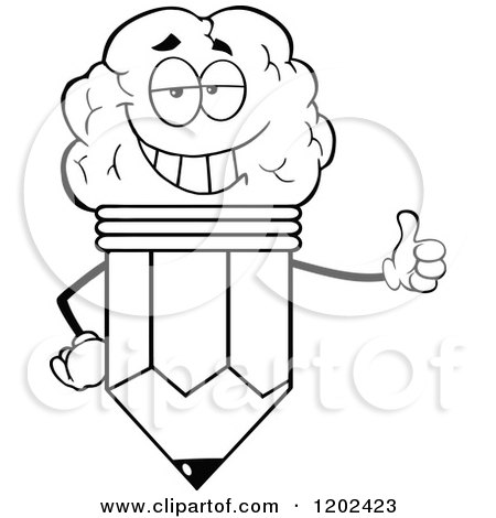 Cartoon of a Black and White Pleased Brain Pencil Mascot Holding a Thumb up - Royalty Free Vector Clipart by Hit Toon