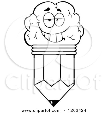 Cartoon of a Black and White Happy Brain Pencil Mascot - Royalty Free Vector Clipart by Hit Toon