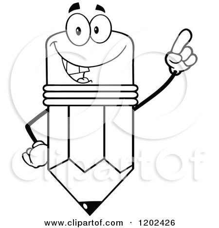 Cartoon of a Black and White Pencil Mascot Holding up a Finger - Royalty Free Vector Clipart by Hit Toon