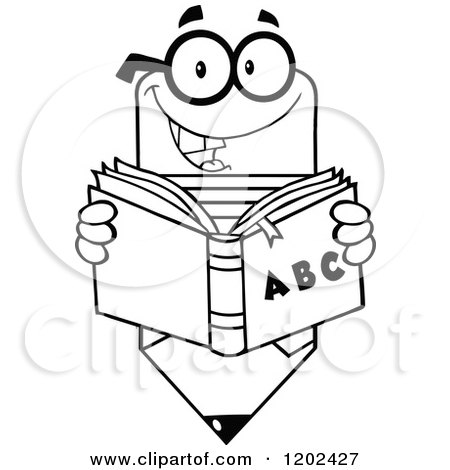 Cartoon of a Black and White Pencil Teacher Mascot Reading a Book - Royalty Free Vector Clipart by Hit Toon