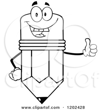 Cartoon of a Black and White Pleased Pencil Mascot Holding a Thumb up - Royalty Free Vector Clipart by Hit Toon