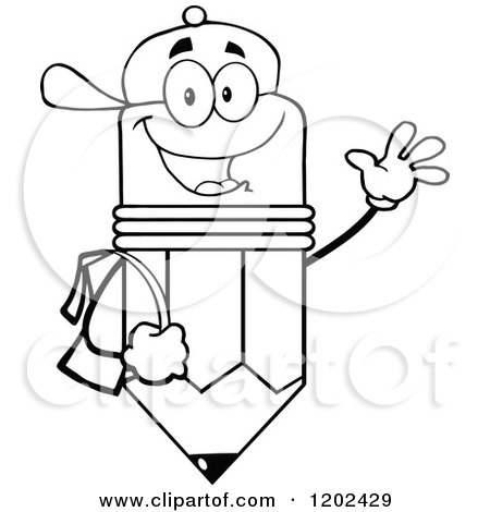 Cartoon of a Black and White Happy Pencil Student Mascot Waving - Royalty Free Vector Clipart by Hit Toon