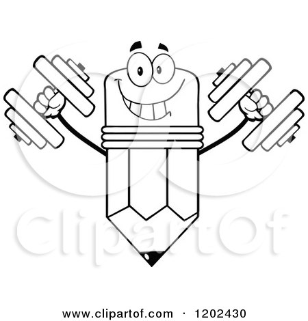 Cartoon of a Black and White Strong Pencil Mascot Working out with Dumbbells - Royalty Free Vector Clipart by Hit Toon