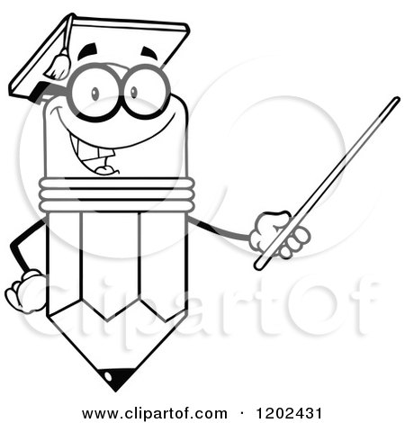 Cartoon of a Black and White Graduate Pencil Teacher Holding a Pointer Stick - Royalty Free Vector Clipart by Hit Toon