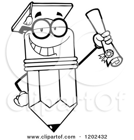 Cartoon of a Black and White Graduate Pencil Mascot Holding a Diploma - Royalty Free Vector Clipart by Hit Toon