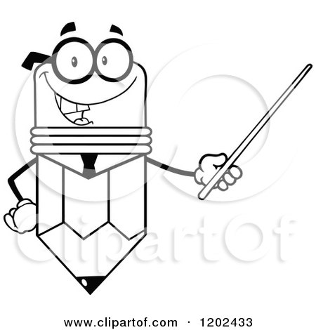 Cartoon of a Black and White Business Pencil Mascot Using a Pointer Stick - Royalty Free Vector Clipart by Hit Toon