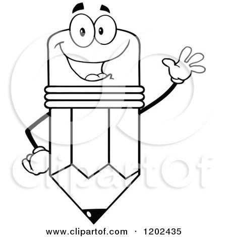 Cartoon of a Black and White Outlined Waving Pencil Mascot - Royalty Free Vector Clipart by Hit Toon
