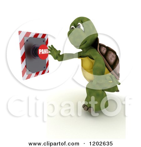 Clipart of a 3d Tortoise Pushing a Panic Button - Royalty Free CGI Illustration by KJ Pargeter