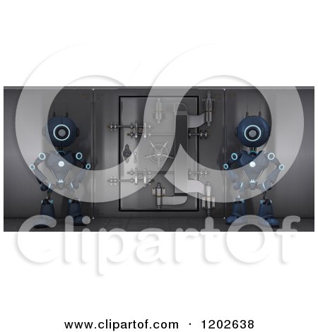 Clipart of 3d Blue Android Robots Guarding a Bank Safe Vault - Royalty Free CGI Illustration by KJ Pargeter