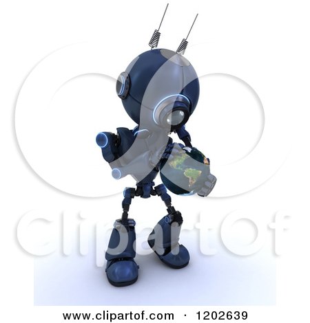 Clipart of a 3d Blue Android Robot Holding an Earth Globe - Royalty Free CGI Illustration by KJ Pargeter