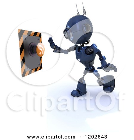 Clipart of a 3d Blue Android Robot Reaching for an Rss Feed Button - Royalty Free CGI Illustration by KJ Pargeter