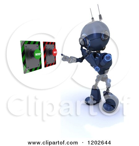 Clipart of a 3d Blue Android Robot Thinking in Front of Accept and Reject Buttons - Royalty Free CGI Illustration by KJ Pargeter