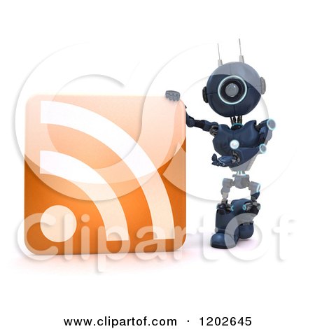 Clipart of a 3d Blue Android Robot Presenting an RSS Icon - Royalty Free CGI Illustration by KJ Pargeter