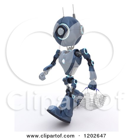 Clipart of a 3d Blue Android Robot Carrying a Shopping Basket - Royalty Free CGI Illustration by KJ Pargeter