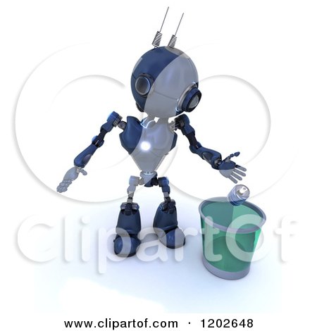 Clipart of a 3d Blue Android Robot Dropping a Can in a Recycle Bin - Royalty Free CGI Illustration by KJ Pargeter