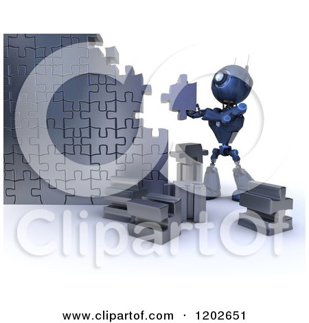 Clipart of a 3d Blue Android Robot Building a Jigsaw Puzzle Wall - Royalty Free CGI Illustration by KJ Pargeter