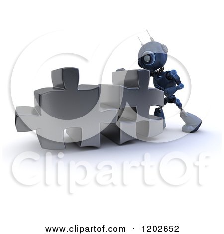 Clipart of a 3d Blue Android Robot Pushing Puzzle Pieces Together - Royalty Free CGI Illustration by KJ Pargeter