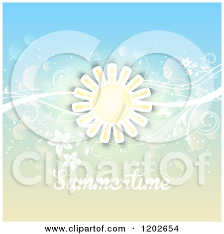 Clipart of a Sun over a Floral Vine and Flares with Summertime Text - Royalty Free Vector Illustration by KJ Pargeter