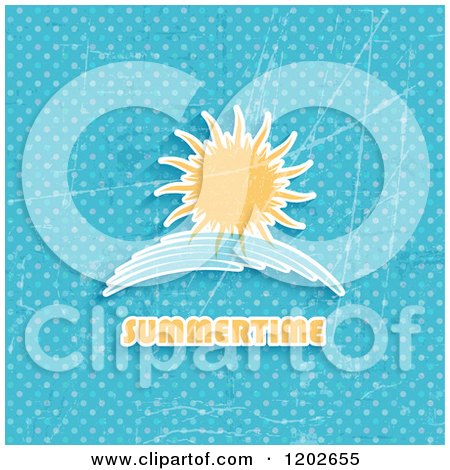 Clipart of a Sun and Wave over Grungy Blue Polka Dots and Summertime Text - Royalty Free Vector Illustration by KJ Pargeter