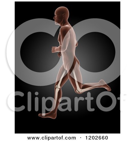 Clipart of a 3d Profiled Running Xray Man with Visible Leg Bones on Black - Royalty Free CGI Illustration by KJ Pargeter