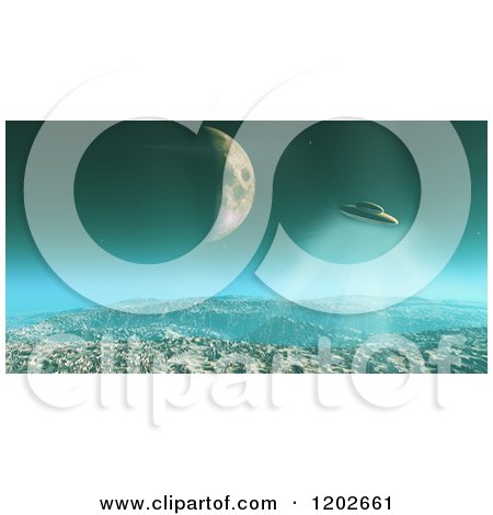 Clipart of a 3d Ufo Flying over a Foreign Planet - Royalty Free CGI Illustration by KJ Pargeter