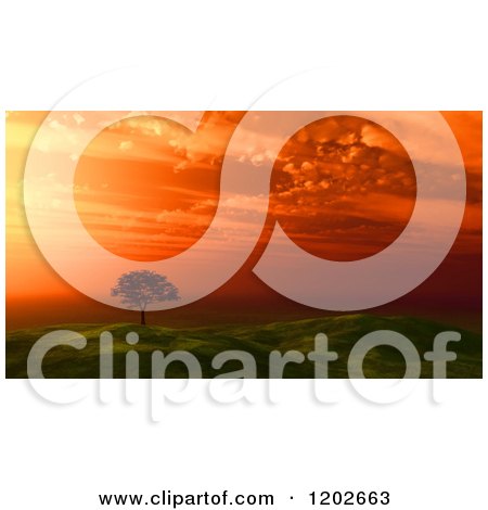 Clipart of a 3d Lone Tree on a Hilly Landscape Against an Orange Sunset - Royalty Free CGI Illustration by KJ Pargeter