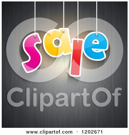 Clipart of a Colorful Hanging SALE Sign over Gray Wood Panels - Royalty Free Vector Illustration by KJ Pargeter