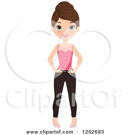 Clipart of a Young Brunette Woman with Blue Eyes, Standing With Her Hands on Her Hips - Royalty Free Vector Illustration by Melisende Vector