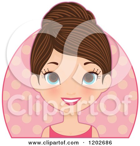 Clipart of a Happy Young Brunette Woman with Blue Eyes over a Polka Dot Oval - Royalty Free Vector Illustration by Melisende Vector