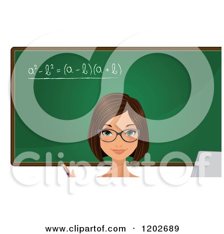 Clipart of a Brunette Female Teacher with Blue Eyes, in Front of a Math Chalkboard - Royalty Free Vector Illustration by Melisende Vector