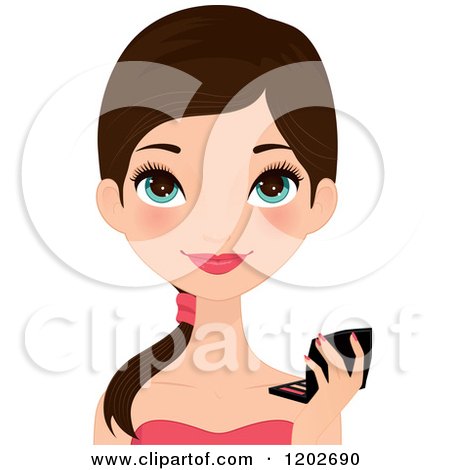 Clipart of a Young Brunette Woman with Blue Eyes, Holding a Makeup Compact - Royalty Free Vector Illustration by Melisende Vector