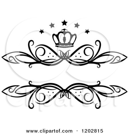 Clipart of a Vintage Black and White Swirl Frame with a Crown and Luxury Stars 2 - Royalty Free Vector Illustration by Vector Tradition SM