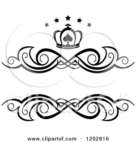 Clipart of a Vintage Black and White Swirl Frame with a Crown and Luxury Stars 3 - Royalty Free Vector Illustration by Vector Tradition SM