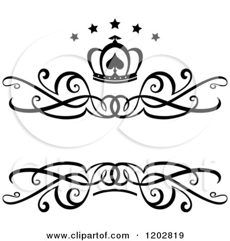 Clipart of a Vintage Black and White Swirl Frame with a Crown and Luxury Stars - Royalty Free Vector Illustration by Vector Tradition SM