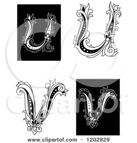 Clipart of Vintage Black and White Floral Letters U and V - Royalty Free Vector Illustration by Vector Tradition SM