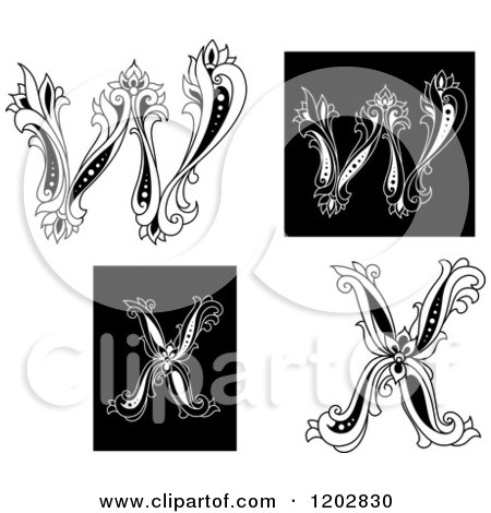 Clipart of Vintage Black and White Floral Letters W and X - Royalty Free Vector Illustration by Vector Tradition SM