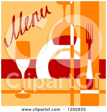 Clipart of a Red and Orange Restaurant Menu with Glasses Silveware and a Plate - Royalty Free Vector Illustration by Vector Tradition SM