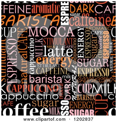 Clipart of a Seamless Coffee Word Collage over Black - Royalty Free Vector Illustration by Vector Tradition SM