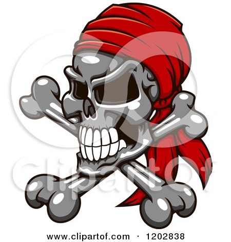 Clipart of a Grayscale Pirate Skull and Crossbones with a Red Bandana - Royalty Free Vector Illustration by Vector Tradition SM