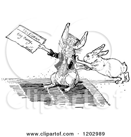 Clipart of a Vintage Black and White Rabbit Delivering a Message - Royalty Free Vector Illustration by Prawny Vintage