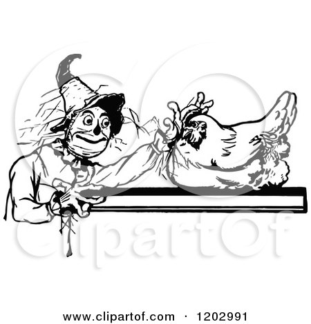 Clipart of a Vintage Black and White Oz Hen and Scarecrow - Royalty Free Vector Illustration by Prawny Vintage