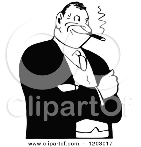 Cartoon of a Vintage Black and White Man Smoking a Cigar - Royalty Free Vector Clipart by Prawny Vintage