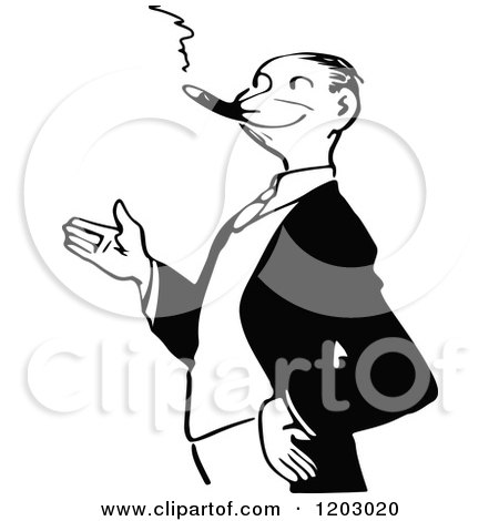 Cartoon of a Vintage Black and White Man Smoking a Cigar - Royalty Free Vector Clipart by Prawny Vintage
