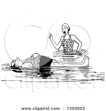 Cartoon of a Vintage Black and White Couple Swimming - Royalty Free Vector Clipart by Prawny Vintage