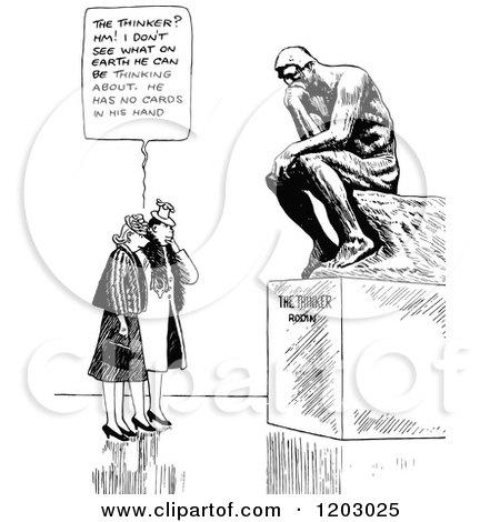 Cartoon of a Vintage Black and White Couple and the Thinker Statue - Royalty Free Vector Clipart by Prawny Vintage